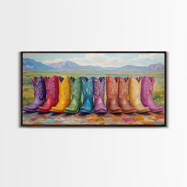 Rainbow Cowboy Boots With Mountain Meadow View Framed Canvas Print, Western Landscape Wall Art, Rustic Farmhouse Decor Gift
