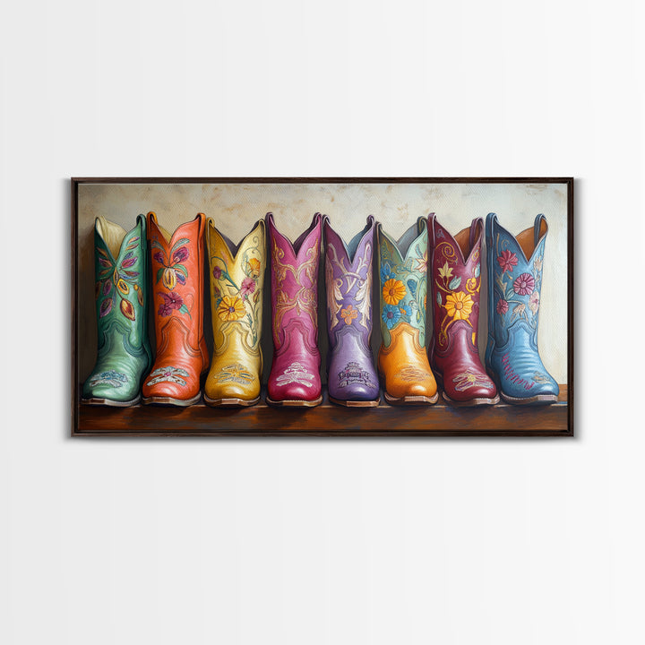Pastel Floral Western Boots With Golden Embroidery Canvas Print, Cowgirl Wall Art, Boho Western Decor, Girls Room Decor Gift