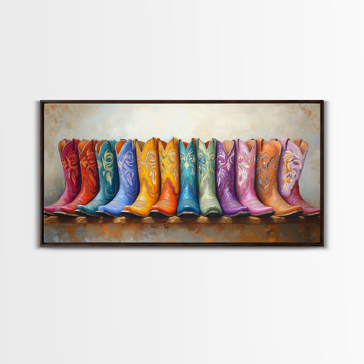 Boho Rainbow Western Boots On Rustic Ledge Framed Canvas Print, Cowgirl Wall Art, Colorful Wall Decor, Housewarming Gift