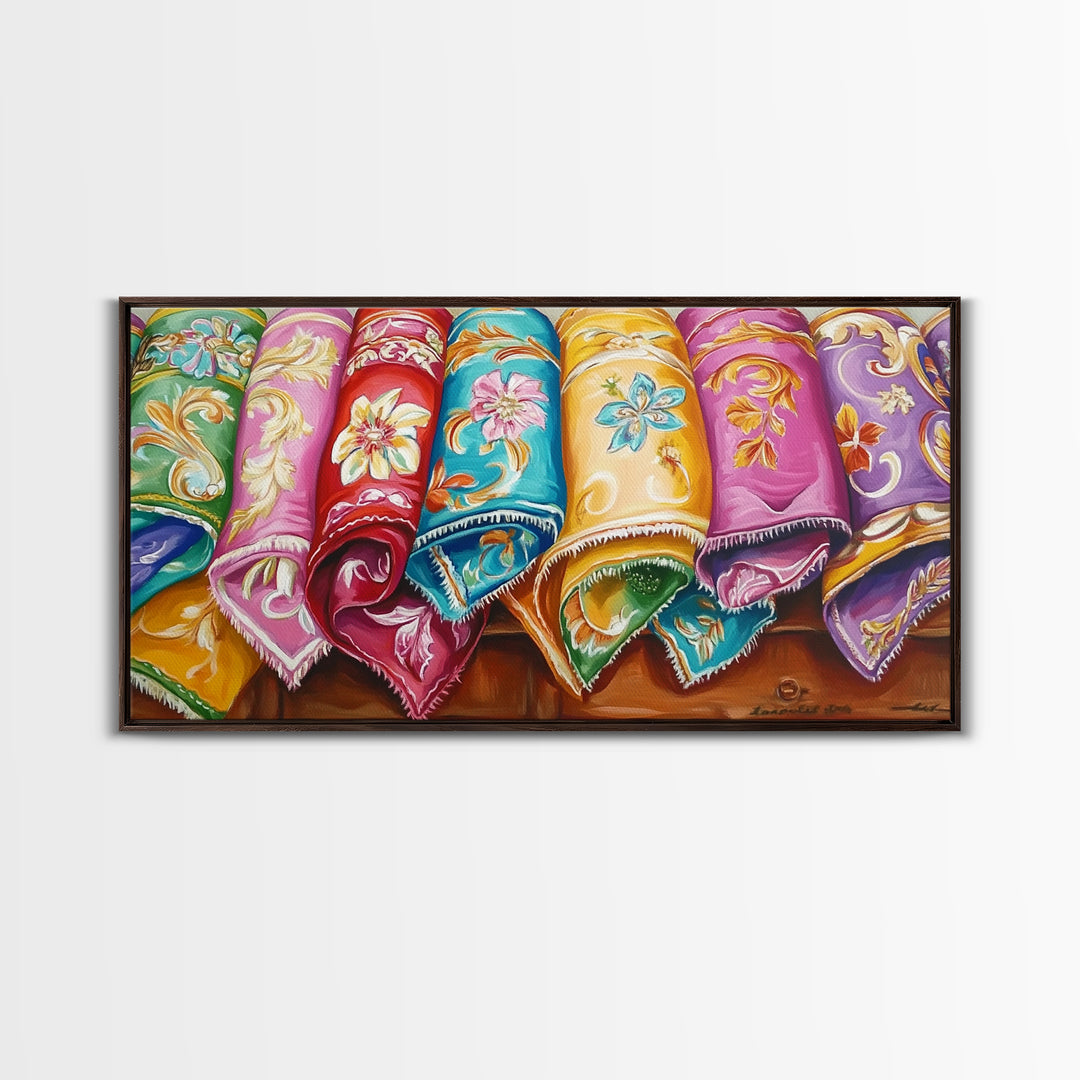 Rolled Embroidered Western Blankets Canvas Print, Colorful Cowgirl Wall Decor, Boho Ranch Living Room Art, Housewarming Gift