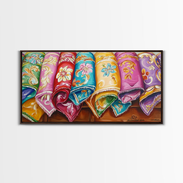 Rolled Embroidered Western Blankets Canvas Print, Colorful Cowgirl Wall Decor, Boho Ranch Living Room Art, Housewarming Gift