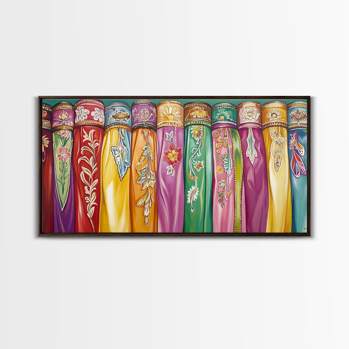 Vibrant Embroidered Textile Wall Art, Boho Western Scarf Canvas Print, Maximalist Decor, Cowgirl Home Decor For Living Room