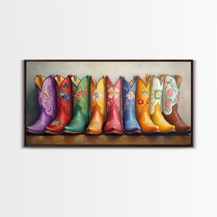 Bright Embroidered Western Boots Framed Canvas Print, Cowgirl Wall Art, Rustic Ranch Decor, Colorful Country Housewarming Gift