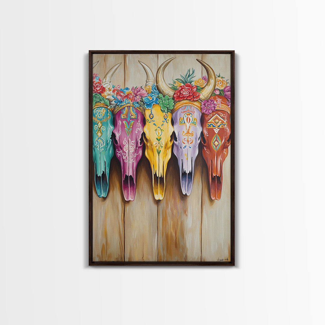 Floral Painted Longhorn Skulls Framed Canvas Print, Western Wall Art, Southwestern Decor, Cowgirl Ranch Home Decor Gift Idea