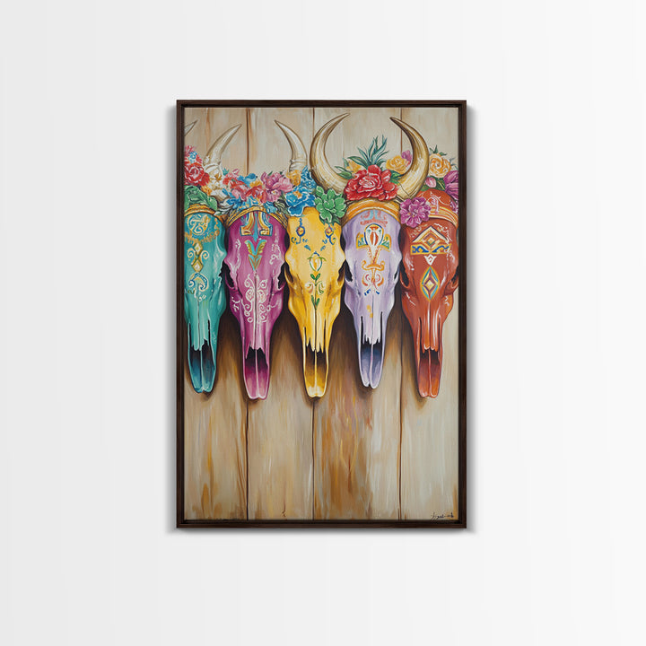 Floral Painted Longhorn Skulls Framed Canvas Print, Western Wall Art, Southwestern Decor, Cowgirl Ranch Home Decor Gift Idea