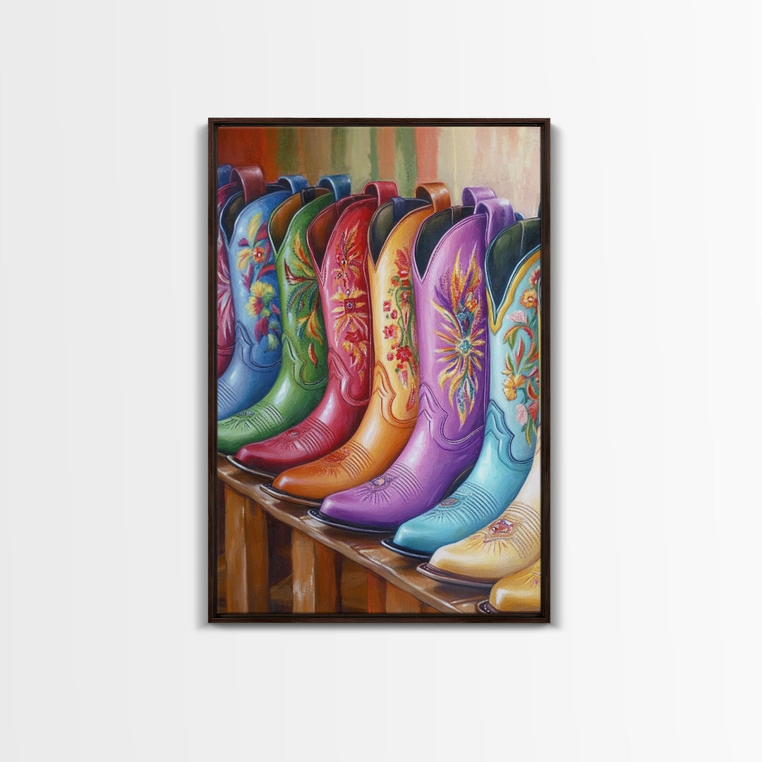 Bright Embroidered Cowboy Boots Wall Art, Western Cowgirl Canvas Print, Colorful Living Room Decor, Rustic Bedroom Wall Art