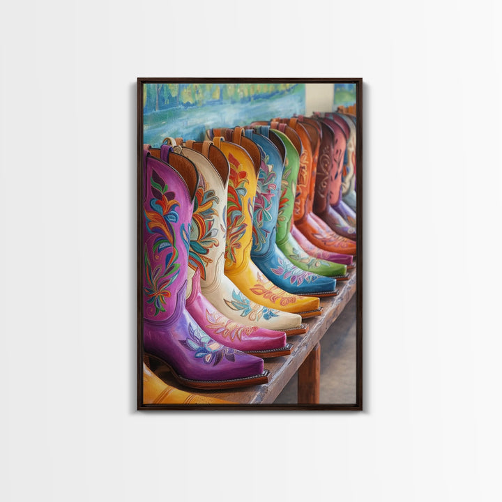 Row Of Painted Floral Cowgirl Boots Framed Canvas Print, Western Wall Art, Southwestern Home Decor, Housewarming Gift For Her
