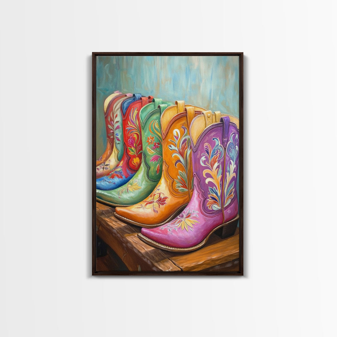 Pink Purple And Orange Cowboy Boots Framed Canvas Print, Western Cowgirl Wall Art, Floral Ranch Decor, Gift For Her Home Decor