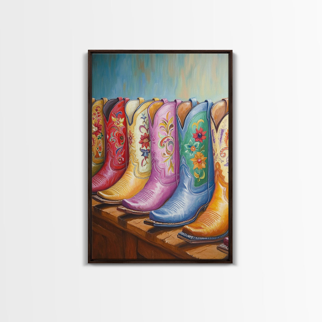 Pastel Blue Pink And Red Cowboy Boots Wall Art, Floral Western Decor, Cowgirl Ranch Canvas Art Print, Living Room Decor Gift