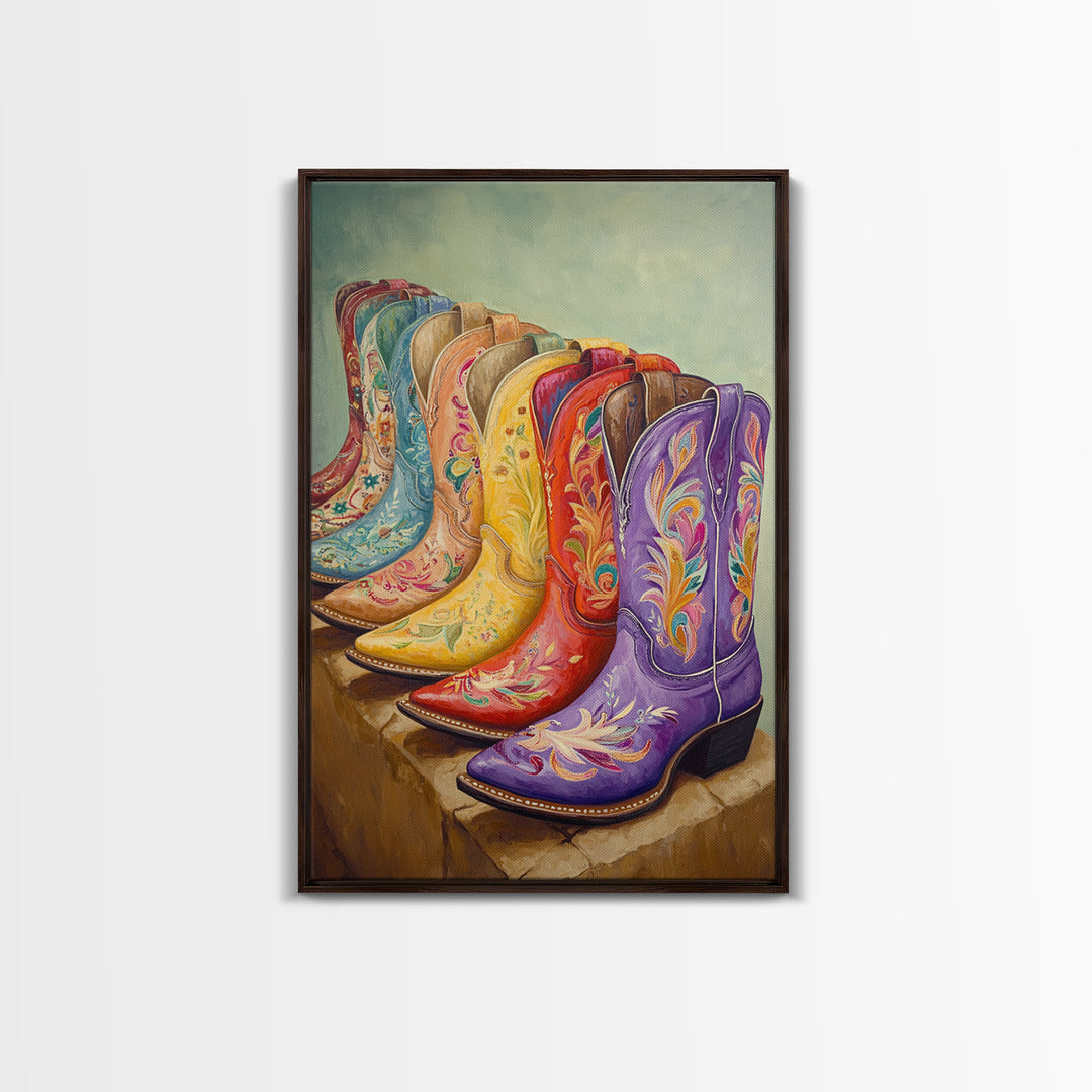 Purple Red And Yellow Embroidered Cowboy Boots Framed Canvas Print, Western Wall Art, Cowgirl Decor, Southwestern Gift For Her