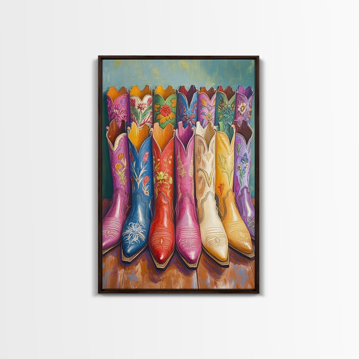 Front Facing Pink Blue Red And Cream Cowgirl Boots Framed Canvas Print, Western Wall Art, Maximalist Decor, Gift For Her