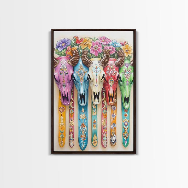 Floral Painted Cow Skulls Canvas Print, Western Wall Art, Southwestern Decor, Cowgirl Art, Boho Wall Decor, Gift For Her