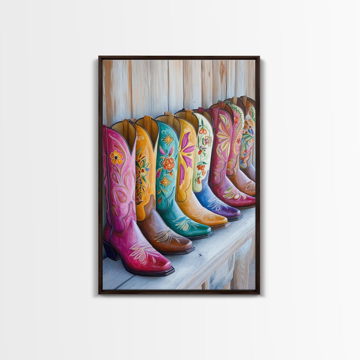 Rustic Row Of Painted Cowgirl Boots Wall Art, Western Floral Canvas Print, Southwestern Ranch Decor, Housewarming Gift For Her