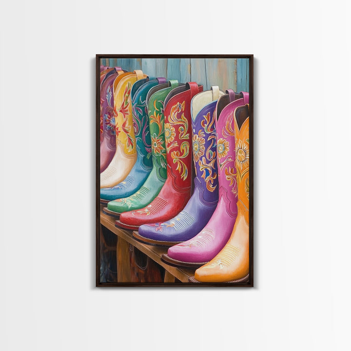Bright Floral Cowboy Boots Wall Art, Western Boot Print, Cowgirl Room Decor, Rustic Farmhouse Canvas Wall Art, Housewarming Gift