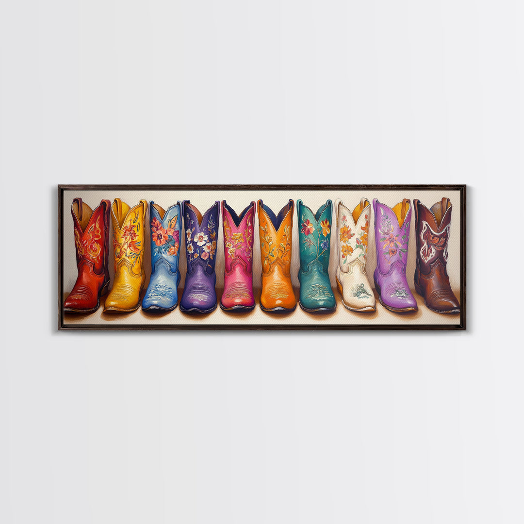 Bright Floral Cowboy Boots Framed Canvas Print, Western Wall Art, Cowgirl Decor, Ranch Housewarming Gift For Her, Living Room Decor