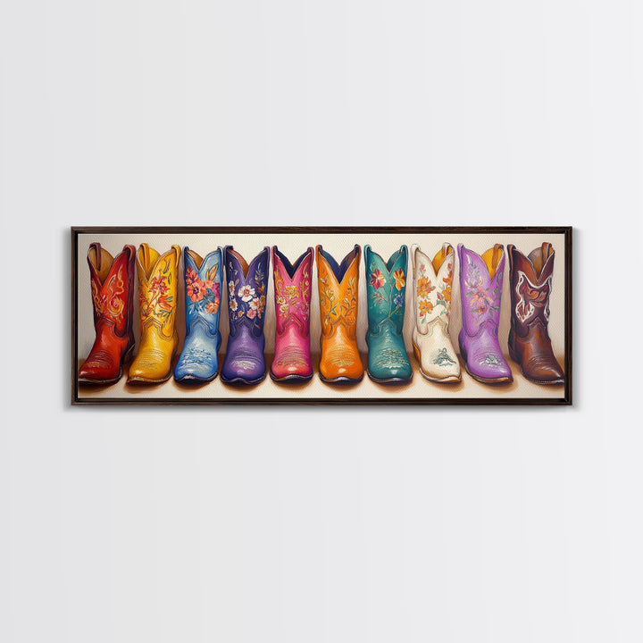 Bright Floral Cowboy Boots Framed Canvas Print, Western Wall Art, Cowgirl Decor, Ranch Housewarming Gift For Her, Living Room Decor