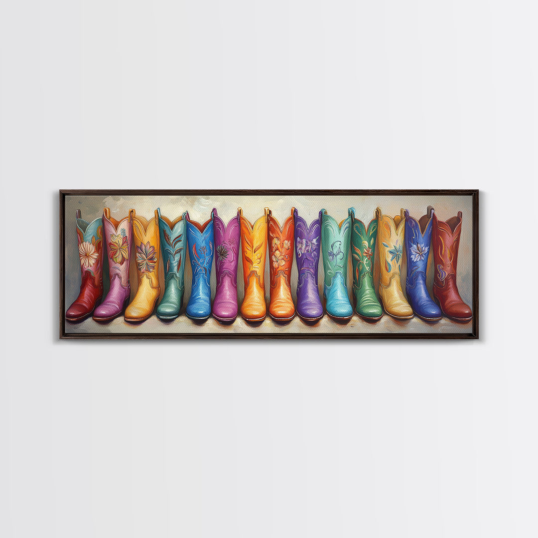 Rainbow Embroidered Cowboy Boots Wall Art, Western Decor, Cowgirl Gift, Rustic Farmhouse Decor, Long Horizontal Art Print