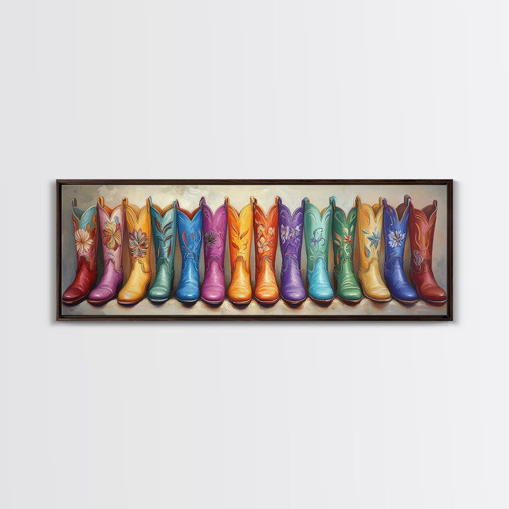 Rainbow Embroidered Cowboy Boots Wall Art, Western Decor, Cowgirl Gift, Rustic Farmhouse Decor, Long Horizontal Art Print