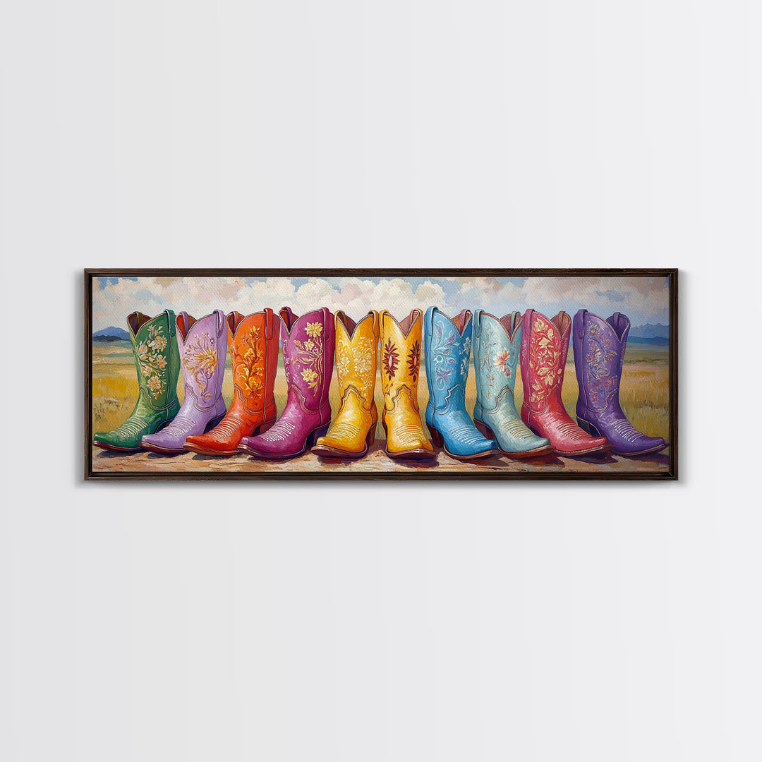 Colorful Cowboy Boots In Prairie Landscape Wall Art, Western Cowgirl Decor, Rustic Farmhouse Canvas Print, Above Sofa Art