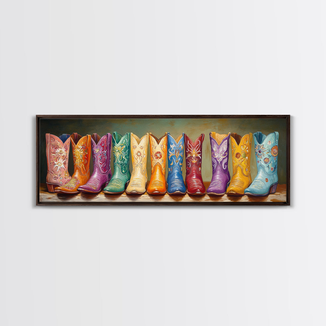 Vibrant Embroidered Cowboy Boots Wall Art, Western Cowgirl Decor, Maximalist Canvas Print, Rustic Rodeo Living Room Decor