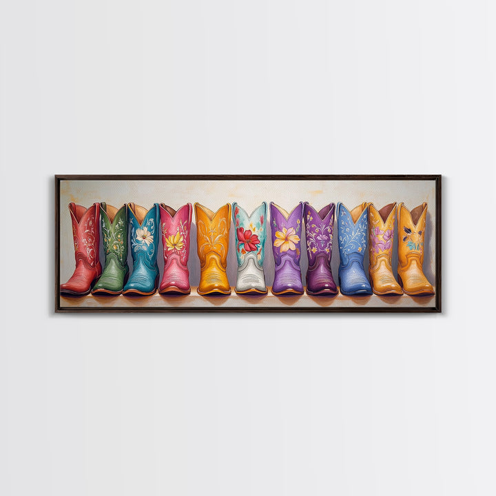 Bright Floral Cowboy Boots Painting Wall Art, Western Home Decor, Cowgirl Wall Decor, Rustic Bedroom Decor, Framed Canvas Print