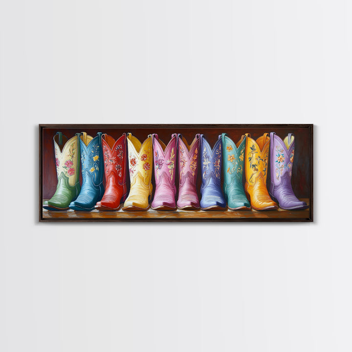 Tall Embroidered Cowboy Boots Framed Canvas Print, Colorful Western Wall Decor, Rustic Ranch Art, Boho Cowgirl Gift, Living Room Art