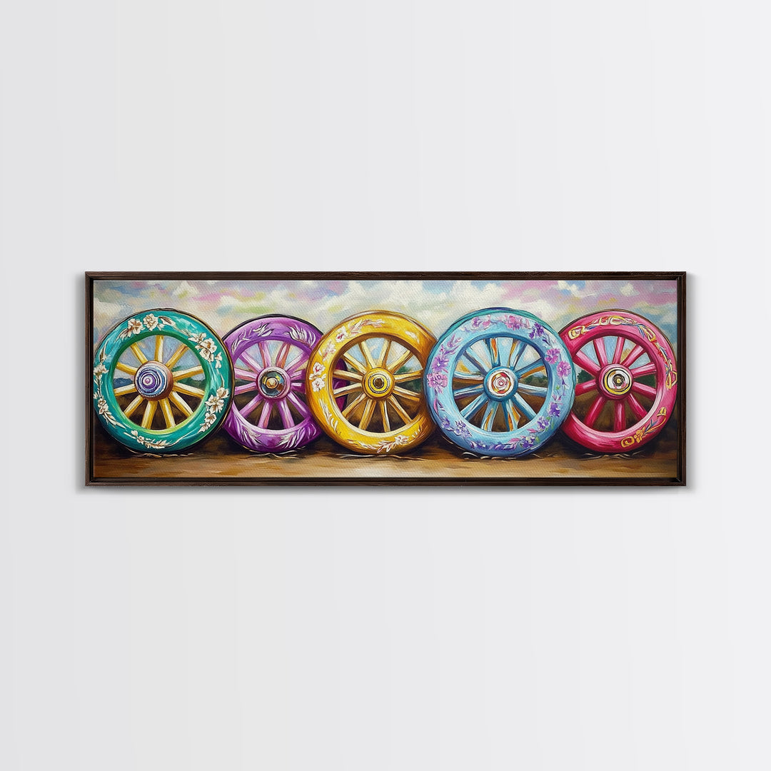 Painted Wagon Wheels Framed Canvas Print, Colorful Western Wall Decor, Rustic Ranch Art, Farmhouse Living Room Gift, Housewarming Gift