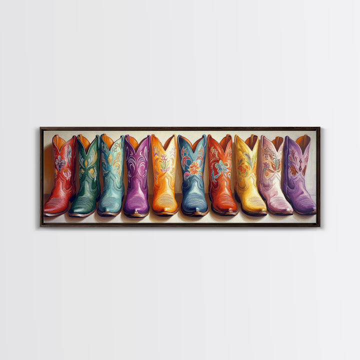 Colorful Embroidered Cowboy Boots Wall Art, Western Cowgirl Decor, Rustic Farmhouse Canvas, Vibrant Entryway Art Print Gift