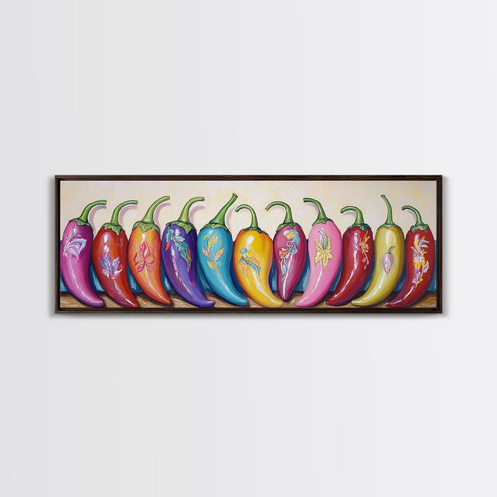 Bright Rainbow Chili Peppers Wall Art, Colorful Kitchen Decor, Southwestern Food Print, Dopamine Dining Room Canvas Gift