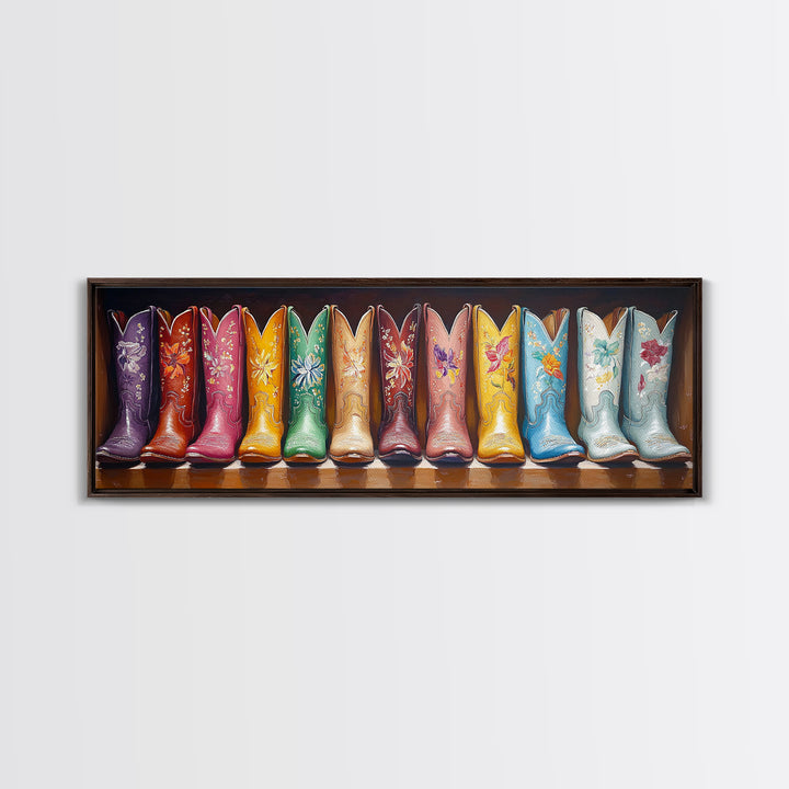 Dark Background Floral Cowboy Boots Framed Canvas Print, Western Wall Art, Moody Cowgirl Decor, Rustic Living Room Art, Gift For Her
