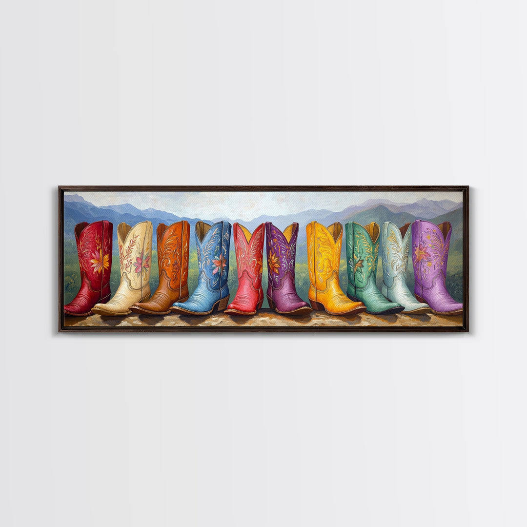 Cowboy Boots With Mountain Landscape Canvas Print, Western Wall Art, Colorful Cowgirl Decor, Rustic Cabin Housewarming Gift