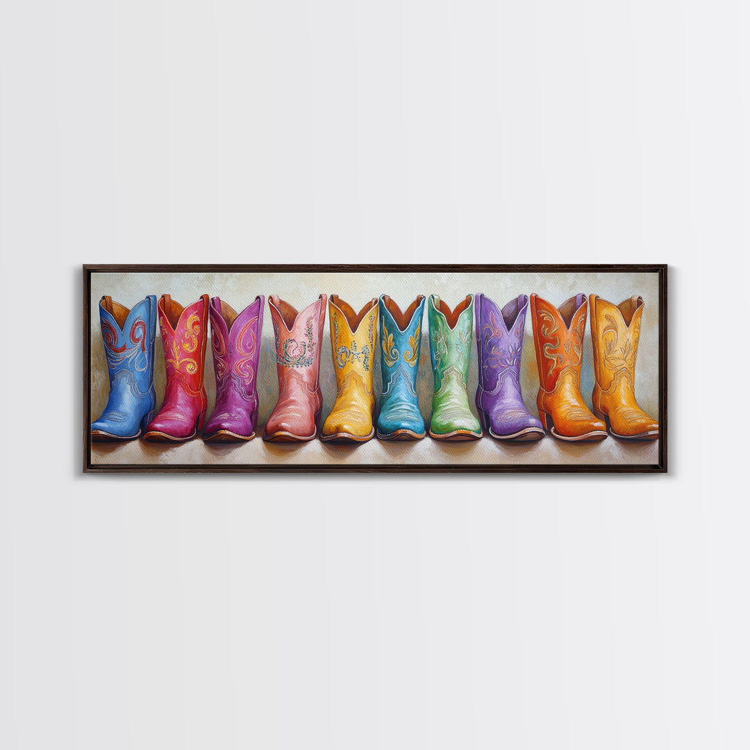 Bright Embroidered Cowboy Boots Canvas Print, Western Wall Art, Cowgirl Home Decor, Colorful Boho Bedroom Housewarming Gift