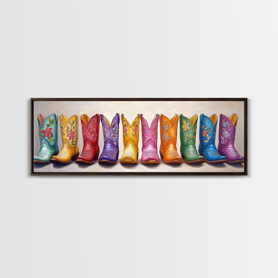 Pastel Embroidered Cowboy Boots Wall Art, Western Framed Canvas Print For Cowgirl Nursery Decor And Rustic Home Wall Decor