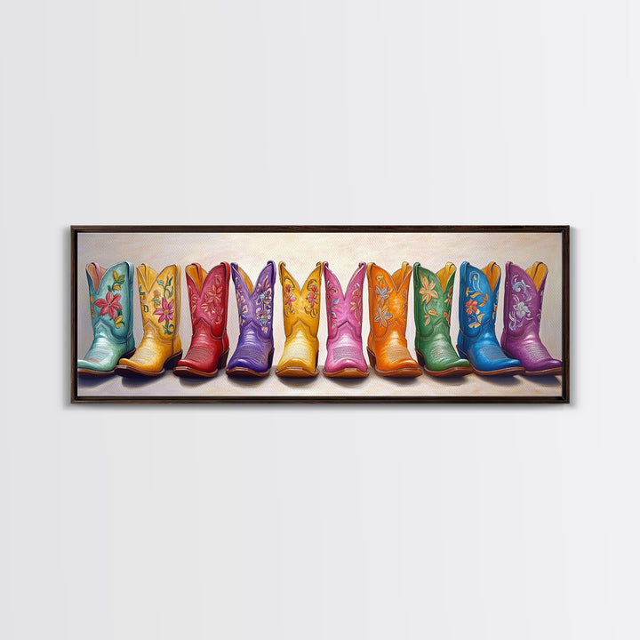 Pastel Embroidered Cowboy Boots Wall Art, Western Framed Canvas Print For Cowgirl Nursery Decor And Rustic Home Wall Decor