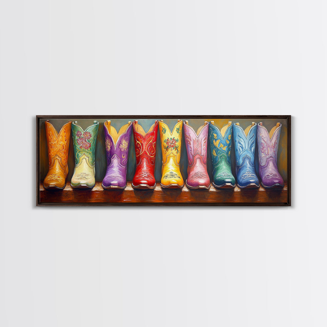 Glossy Embroidered Cowgirl Boots Canvas Print, Colorful Western Wall Art, Rodeo Room Decor, Boho Ranch Housewarming Gift Idea
