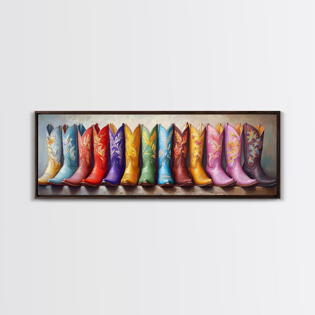 Tall Rainbow Cowboy Boots Wall Art, Western Decor, Colorful Cowgirl Canvas Print, Rustic Farmhouse Living Room Art Gift Idea