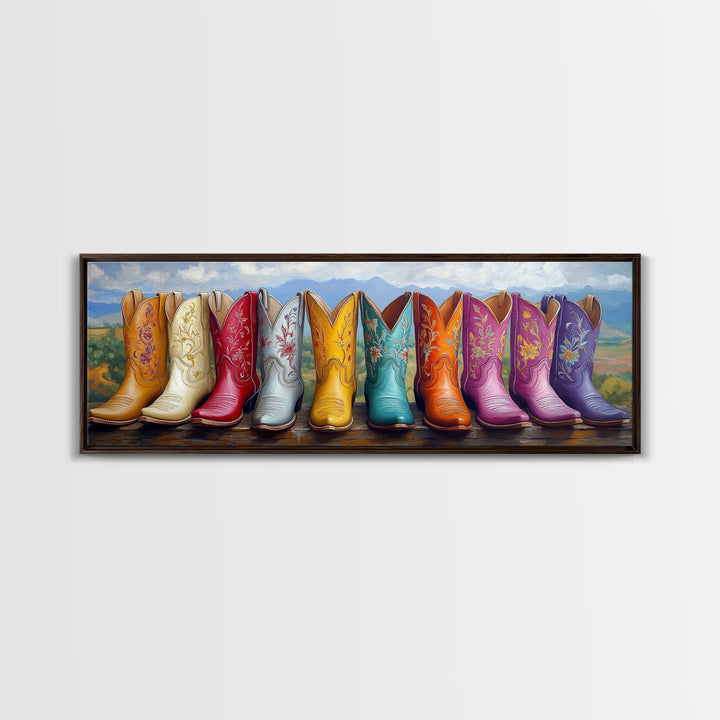 Mountain Row Cowboy Boots Wall Art, Western Cowgirl Decor, Southwestern Landscape Print, Rustic Ranch Housewarming Gift For Her