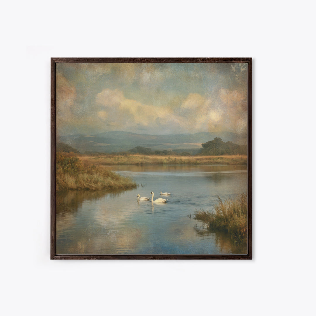 Paired Swans in a Dreamy Painterly Lake Canvas Print, Above Bed Art, Boho Wall Art, Bedroom Decor, Fine Art, Serenity, ABA-1x1-22