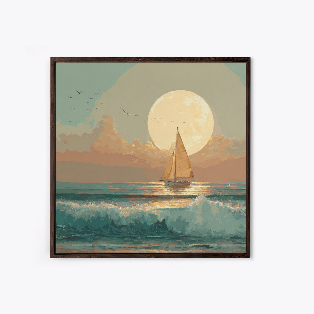 Quiet Moon over a Calm Ocean Horizon Framed Canvas Print, Above Bed Art, Living Room Decor, Bedroom Decor, Oil Painting, ABA-1x1-27