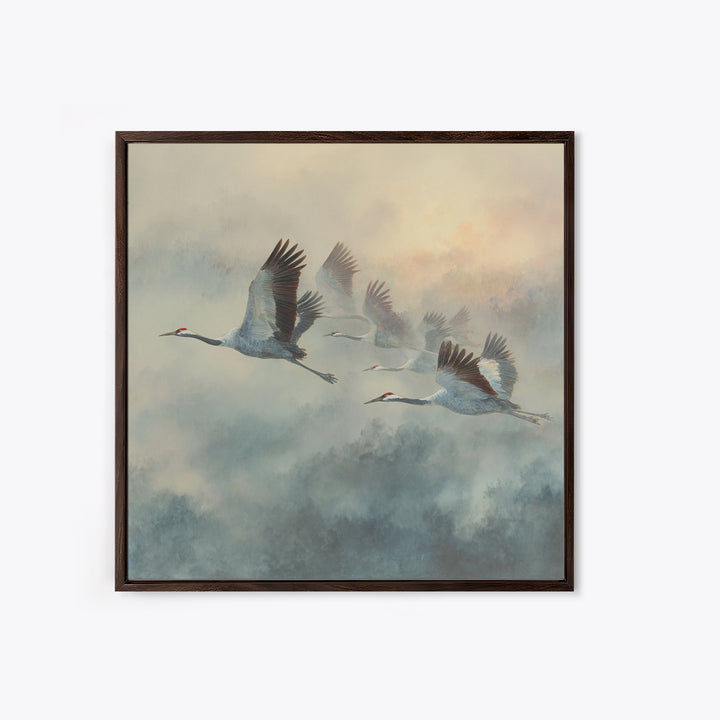 Ethereal Cranes Flying Through Pale Morning Mist Canvas Print, Above Bed Art, Fine Art Print, Bedroom Decor, Serenity, ABA-1x1-33