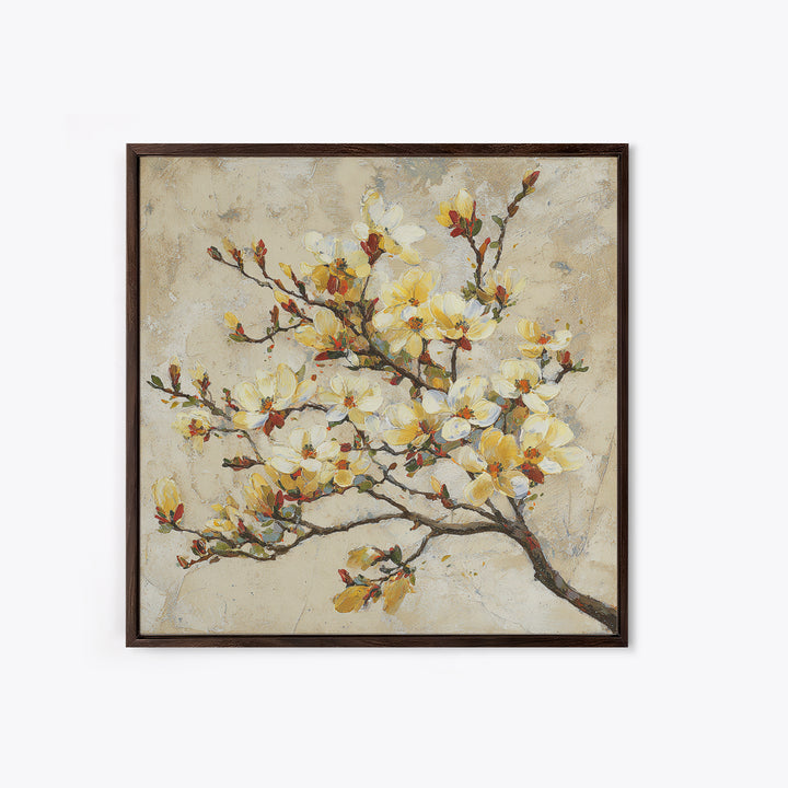 Delicate Magnolia Branch on Cream Background Framed Canvas Print, Above Bed Art, Bedroom Decor, Watercolor Art, Serenity, ABA-1x1-40