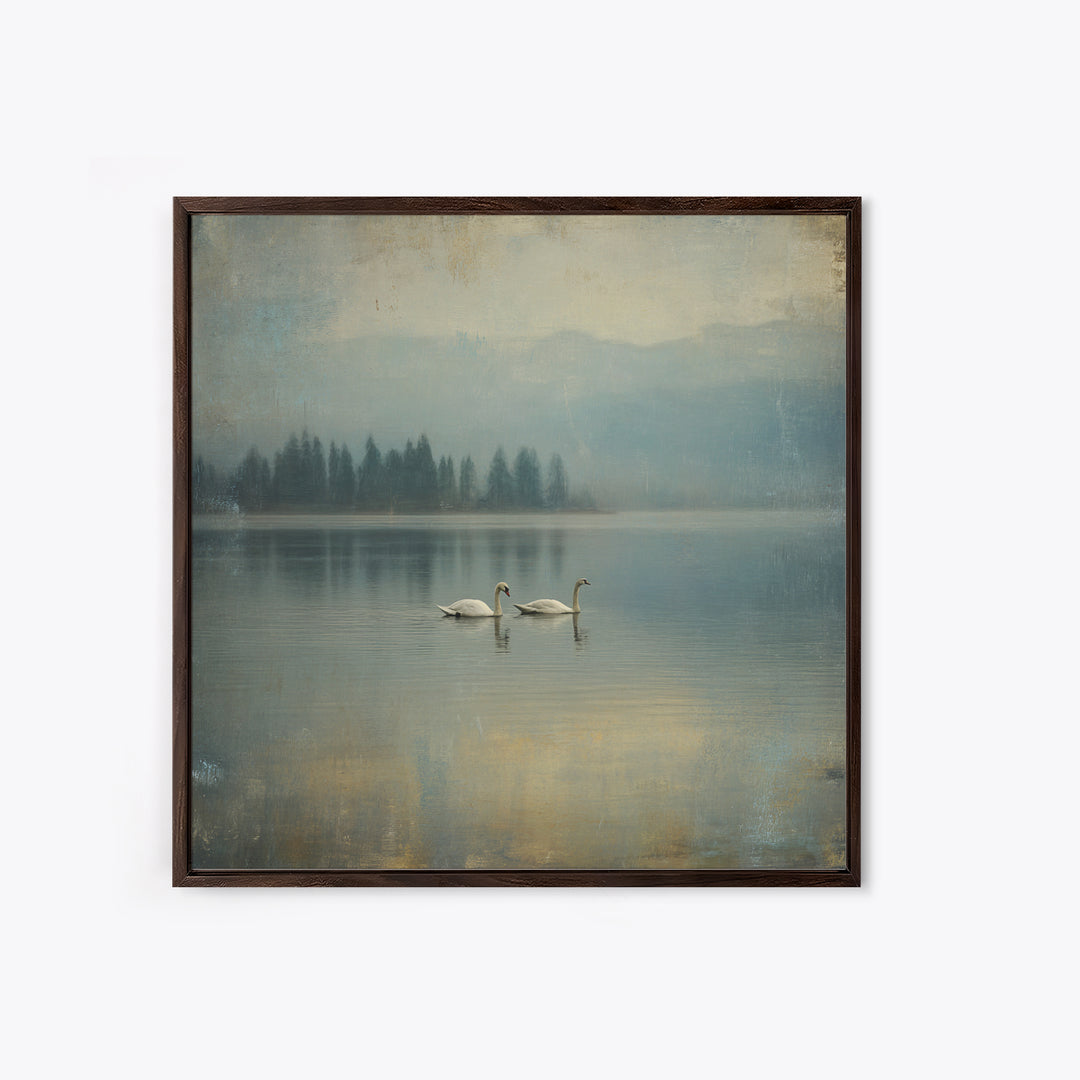 Paired Swans in a Dreamy Painterly Lake Framed Canvas Print, Above Bed Art, Boho Decor, Bedroom Decor, Oil Painting, Serenity, ABA-1x1-46