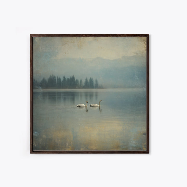 Paired Swans in a Dreamy Painterly Lake Framed Canvas Print, Above Bed Art, Boho Decor, Bedroom Decor, Oil Painting, Serenity, ABA-1x1-46