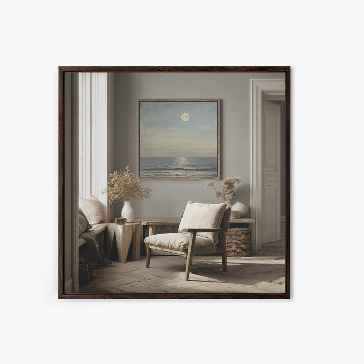 Quiet Moon over a Calm Ocean Horizon Framed Canvas Print, Above Bed Art, Bedroom Wall Art, Bedroom Decor, Fine Art, Serenity, ABA-1x1-51