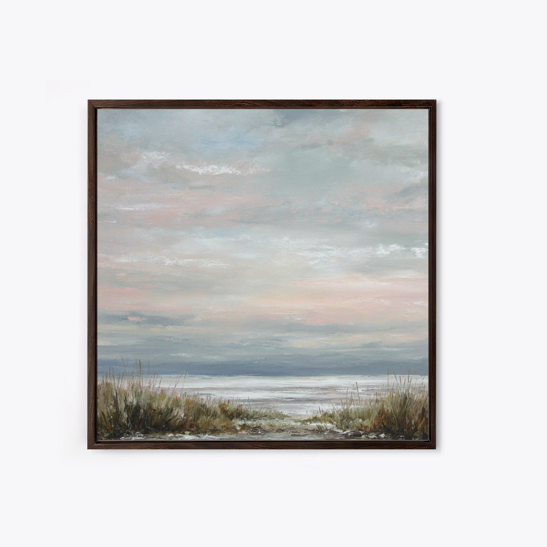 Tranquil Cloudscape with Blush Undertones Framed Canvas Print, Above Bed Art, Modern Decor, Bedroom Decor, Fine Art, Serenity, ABA-1x1-53
