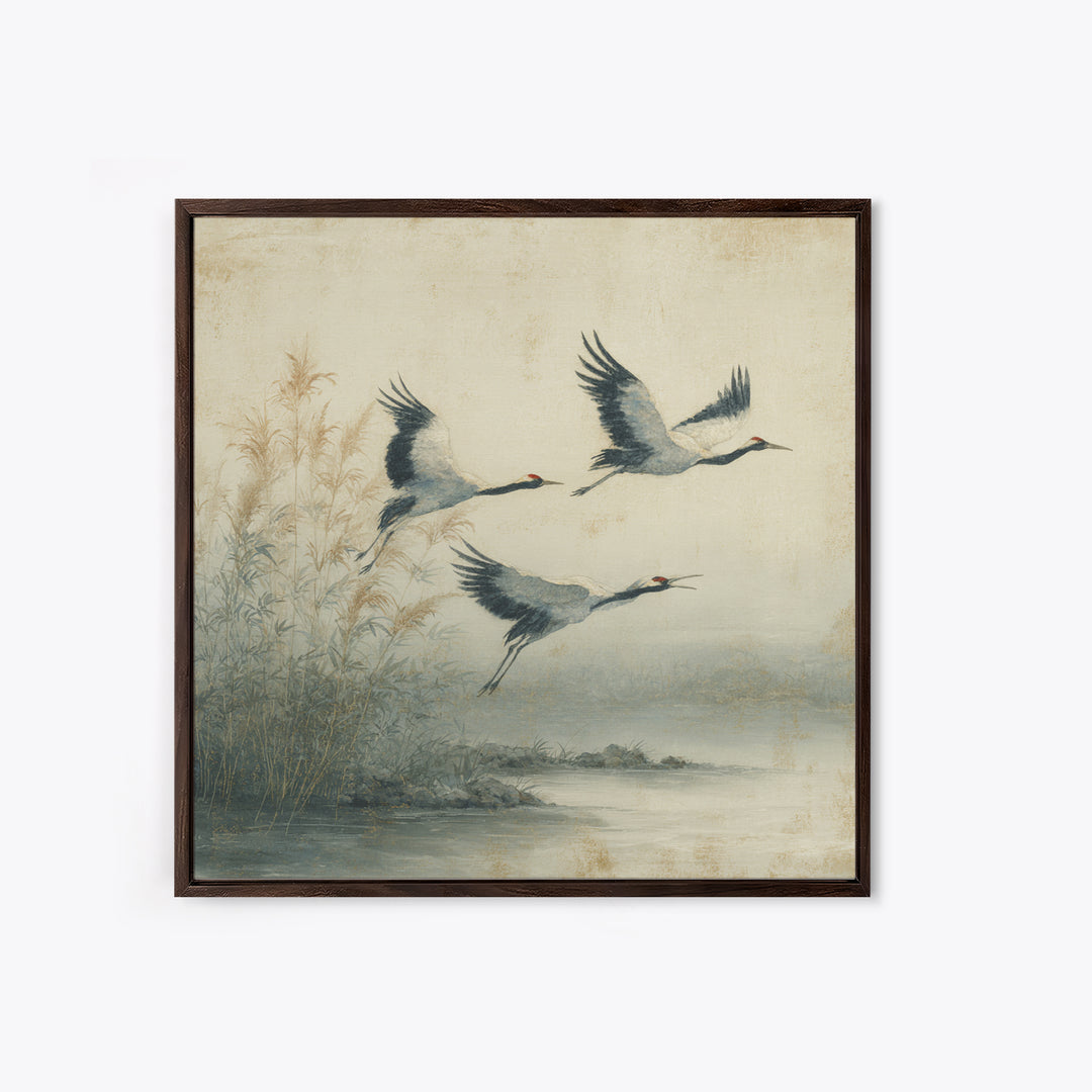 Ethereal Cranes Flying Through Pale Morning Mist Canvas Print, Above Bed Art, Fine Art Print, Bedroom Decor, Serenity, ABA-1x1-57