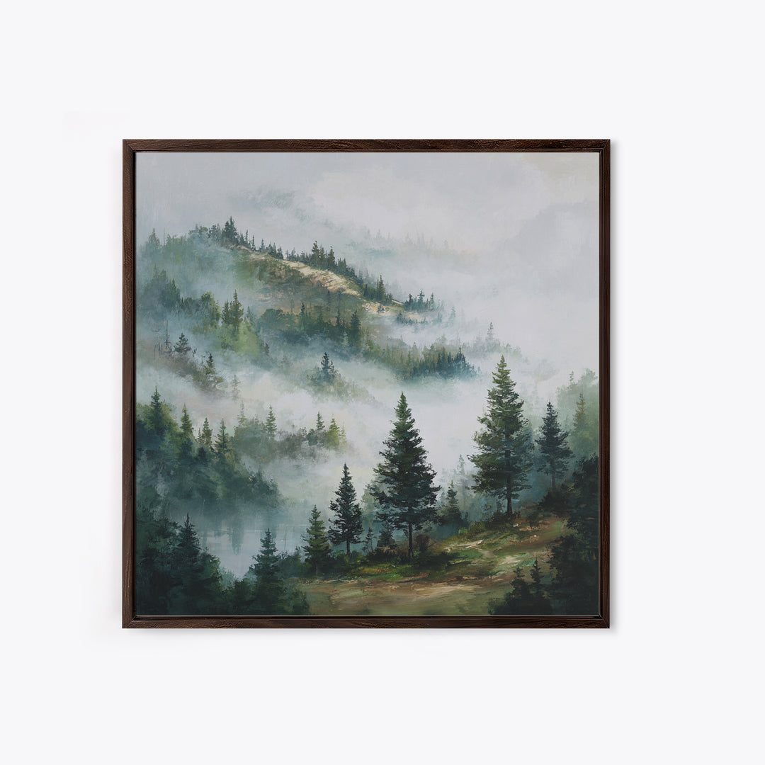Quiet Forest Ridge Softened by Fog Framed Canvas Print, Above Bed Art, Bedroom Wall Art, Bedroom Decor, Fine Art, Serenity, ABA-1x1-62
