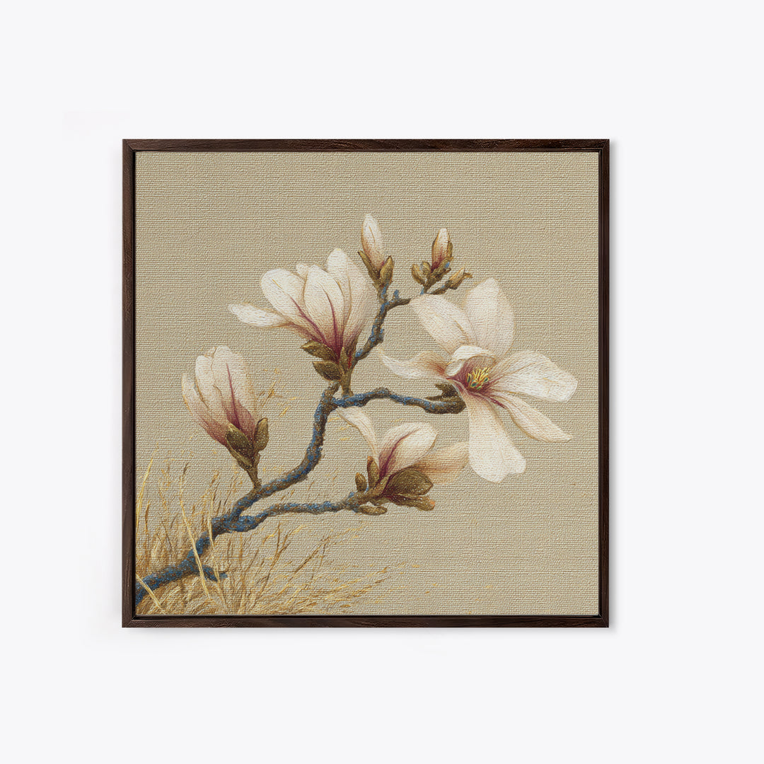 Delicate Magnolia Branch on Cream Background Framed Canvas Print, Above Bed Art, Boho Wall Art, Bedroom Decor, Watercolor Art, ABA-1x1-64