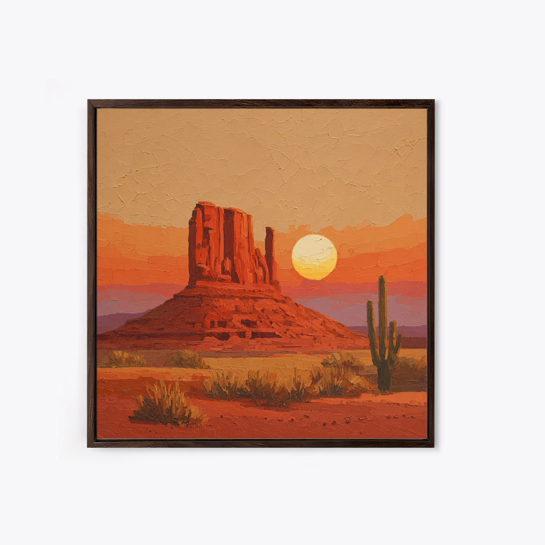 Dreamy Desert Sunset Framed Canvas Print, Above Bed Art, Bedroom Decor, Oil Painting, Serenity, Boho Decor, Western Decor, ABA-1x1-7