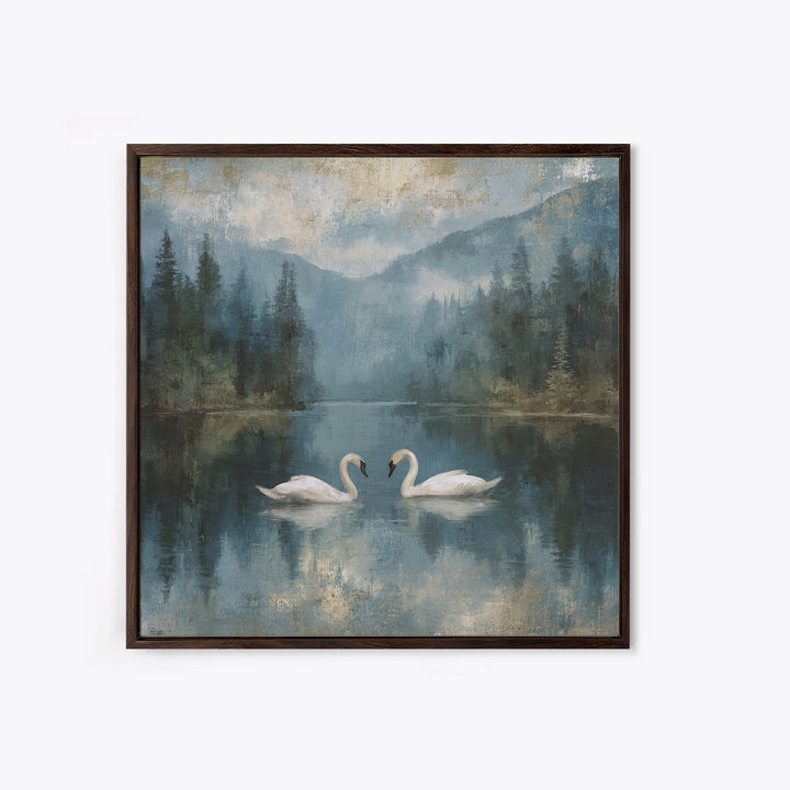 Paired Swans in a Dreamy Painterly Lake Framed Canvas Print, Above Bed Art, Boho Decor, Bedroom Decor, Oil Painting, Serenity, ABA-1x1-70